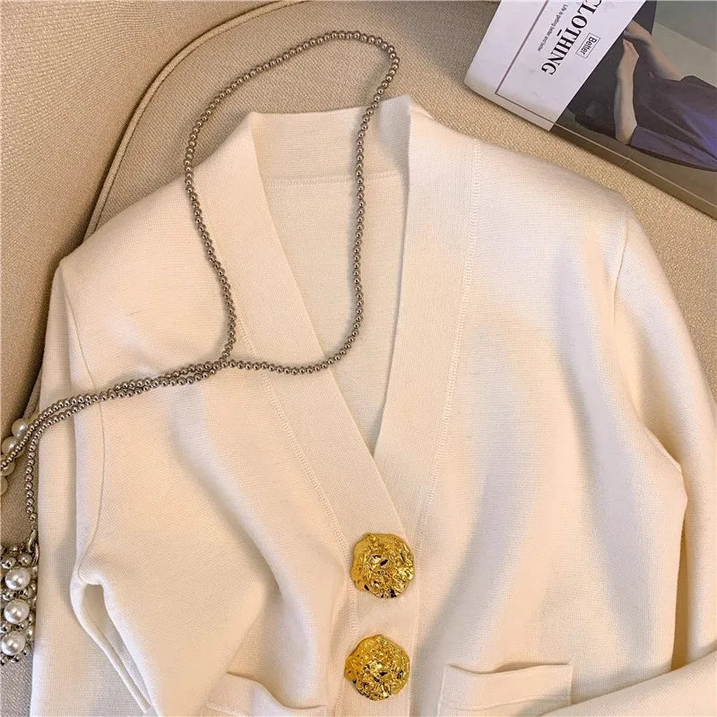 Vintage Trendy V-neck Cardigan for Spring and Autumn New Women Long Sleeve Sweater Jacket Elegant Chic Knitted Thin Coat Female