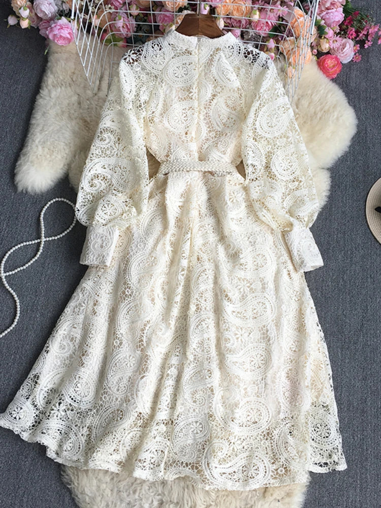 French Vintage Lace Dress Women Elegant Lantern Sleeve Party Long Dress with Belt ladies Slim A-line Spring Autumn Long Robe