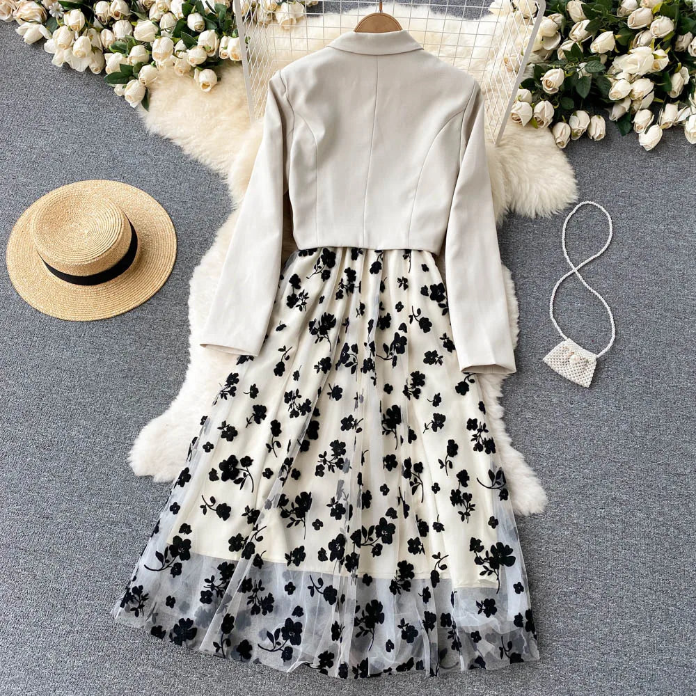 French Style Elegant Two Piece Sets Women Double Breasted Blazer Jacket + Mesh A-line Long Dress Fashion Korean Outfits