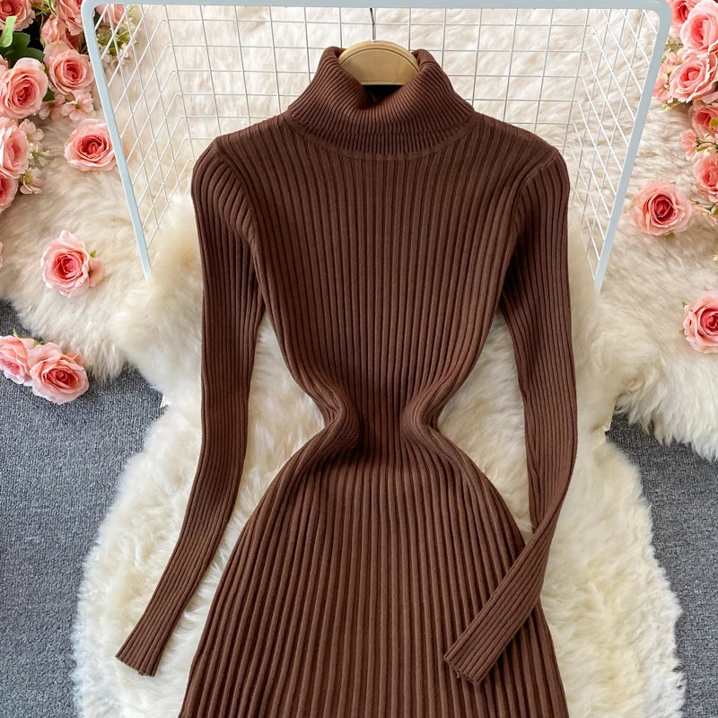 Women Chic Turtleneck Long Sleeve Sexy A-line Sweater Dress Vintage Korean Fashion Knit Vestido Elegant Autumn Winter Knitwear