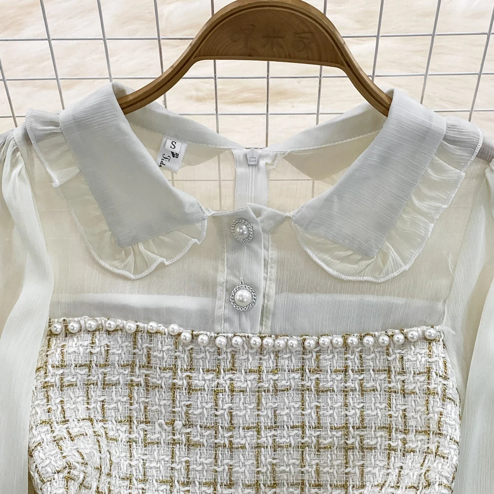 Autumn Fashion New Women Tweed Plaid Mini Dress Elegant Chiffon Patchwork Long Sleeve Dresses Female Casual One Piece Clothes