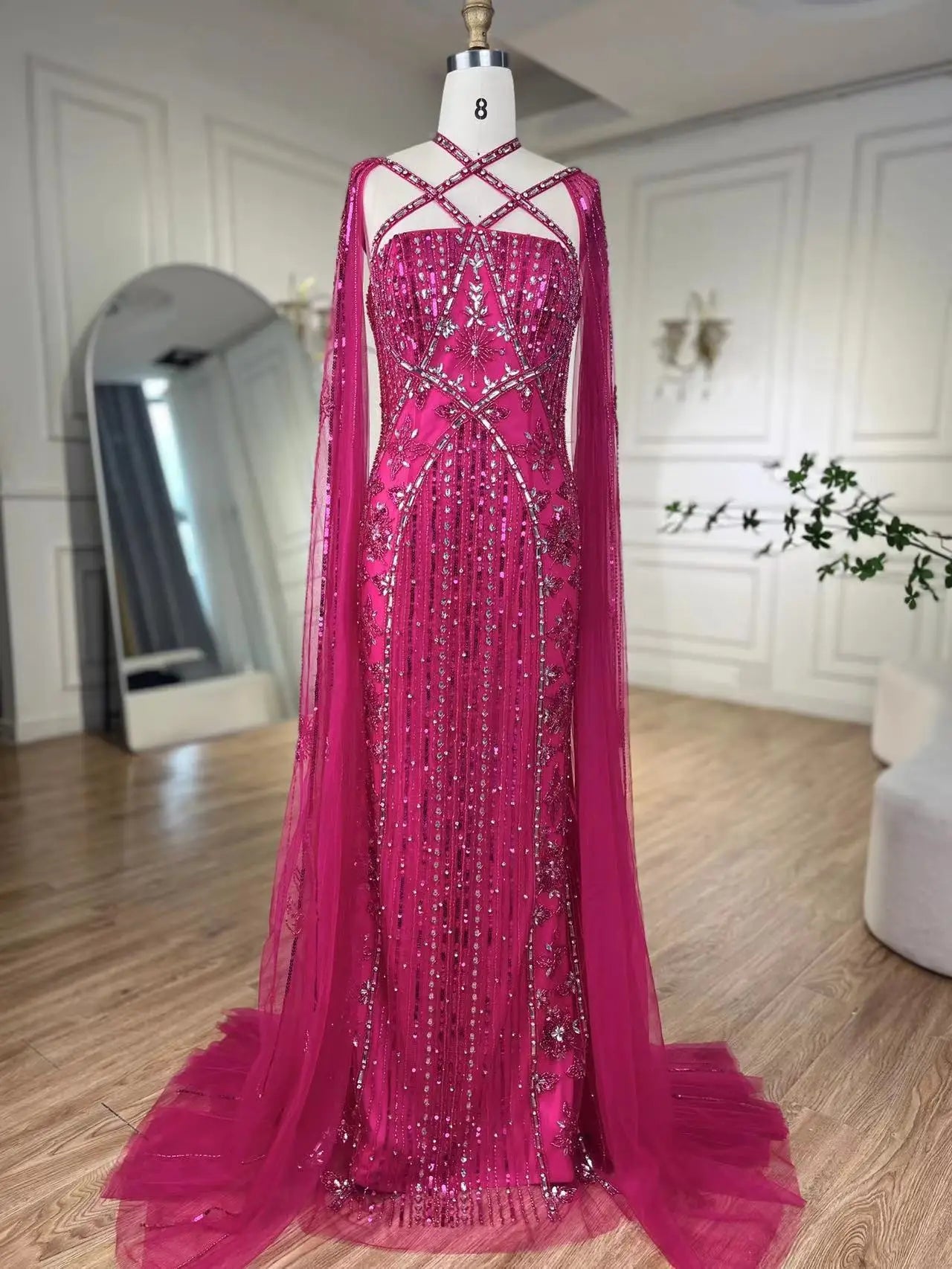 SERENE HILL Arabic Caramel Mermaid Elegant Cape Sleeves Beaded Luxury Evening Dresses 2024 Formal Gown For Women Party GLA71905A