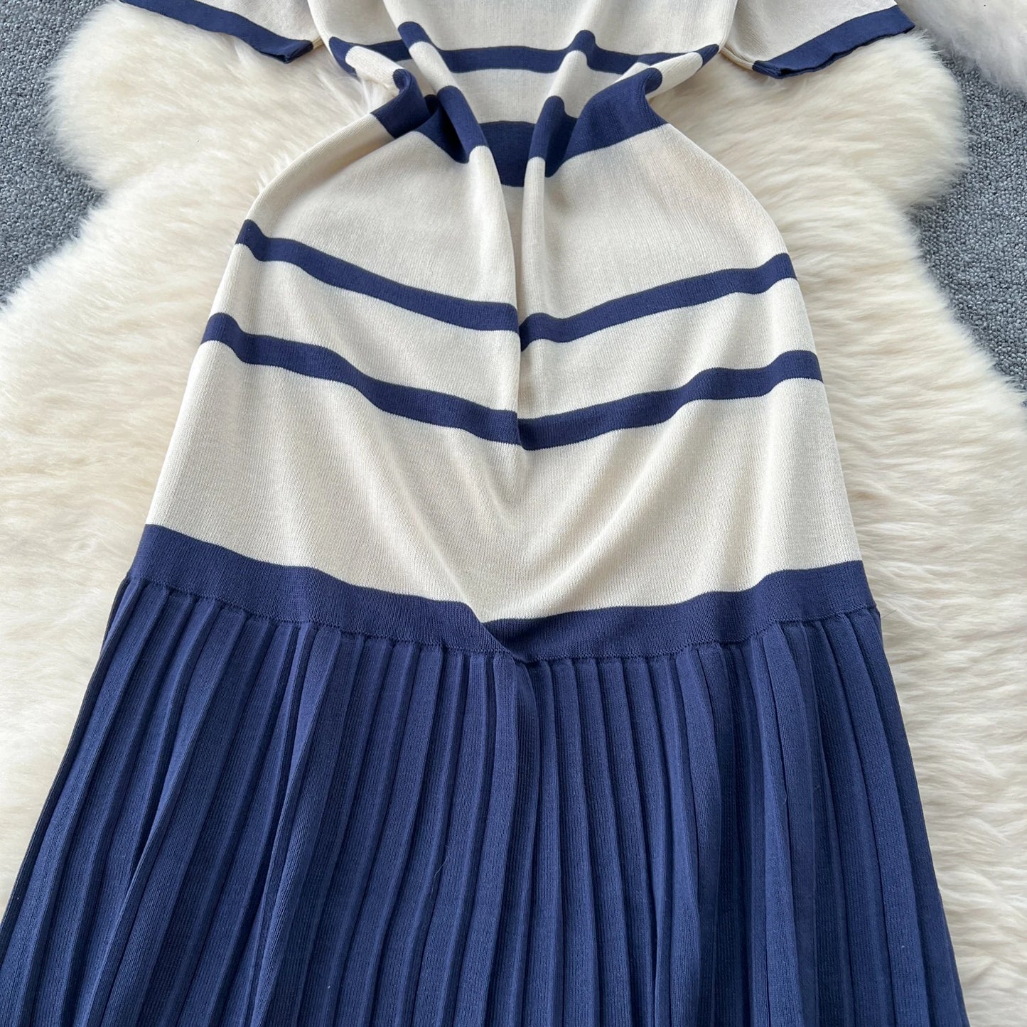Sexy Chic short sleeve PATCHWORK v-Neck Striped Knit Dress Elegant Fashion Party Slim Summer A-line sweet dresses