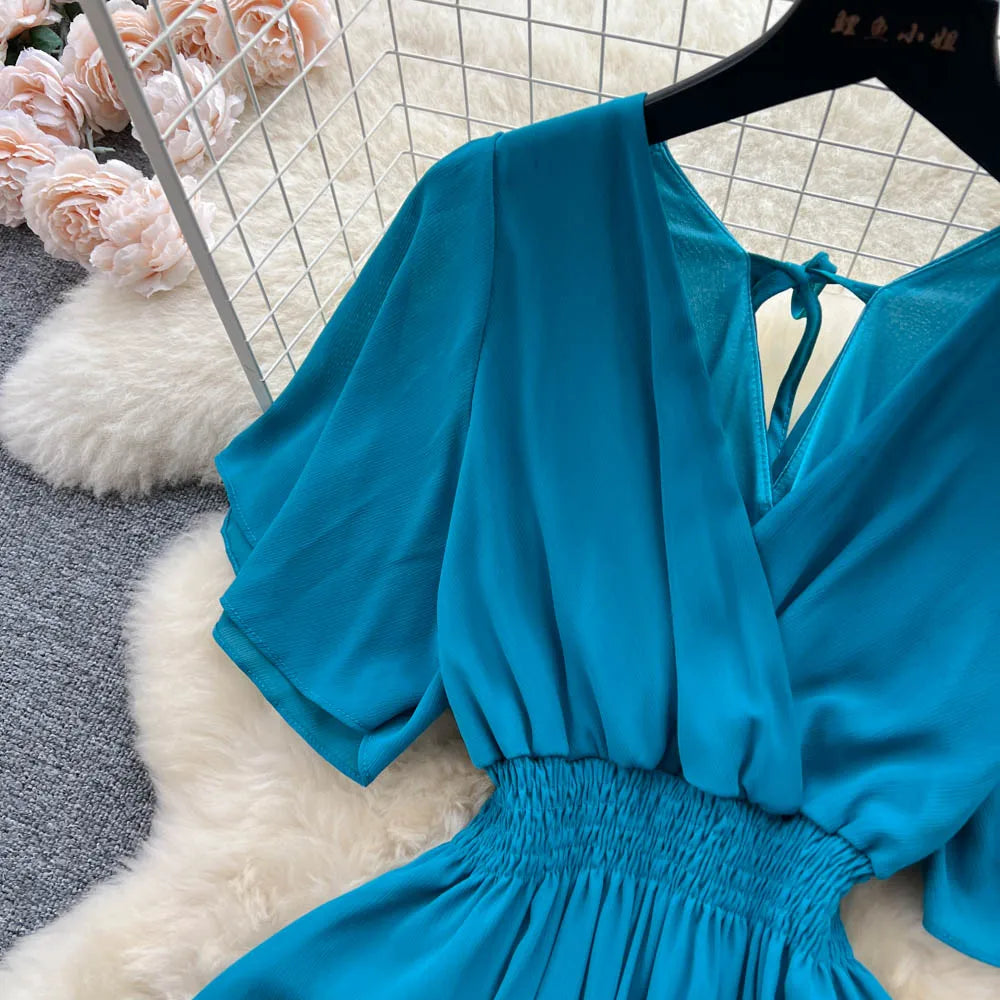 Vintage Elegant V-neck chiffon Dress A-line Fashion Beach Spring Summer Vestidos Women Bandage Sweet dresses