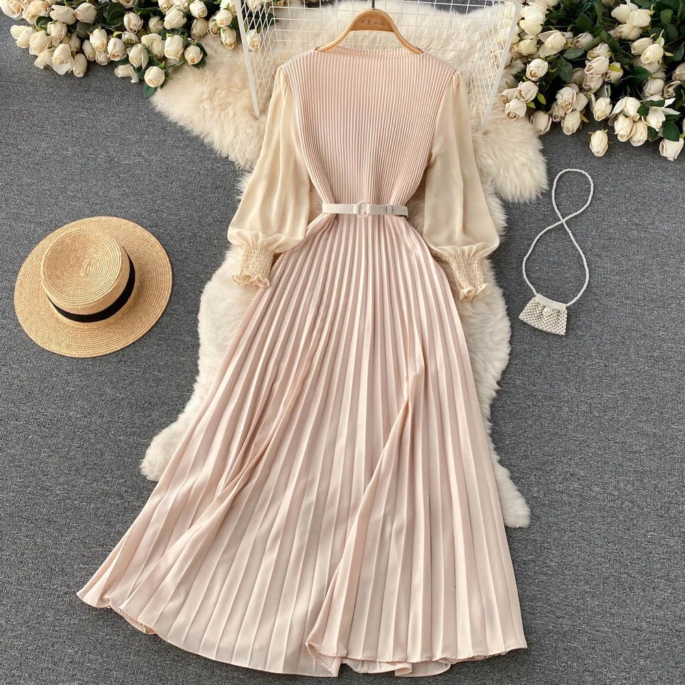 Chic Pleated Elegant Puff Sleeve Dress A-line Chiffon High Waist Belt Beach Vacation Party Dress Women Summer Spring Vestidos