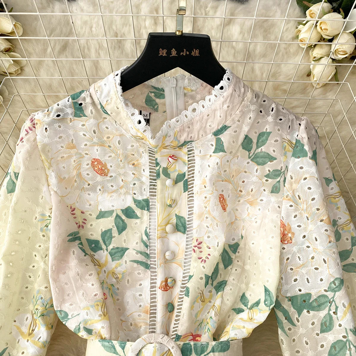 Elegant Party Dresses Woman Lace Trim Cutwork Embroidery Vintage Floral Print Dress 2023 New In Long Sleeve Mini Dress With Belt