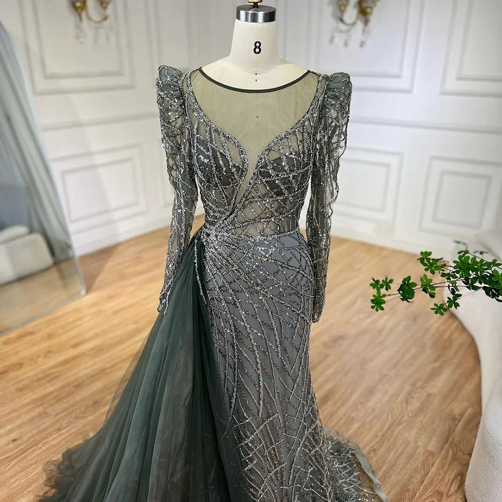 Serene Hill Muslim Gold Mermaid Beaded Luxury Dubai Evening Dresses Gowns With Overskirt 2024 For Women Party LA72206