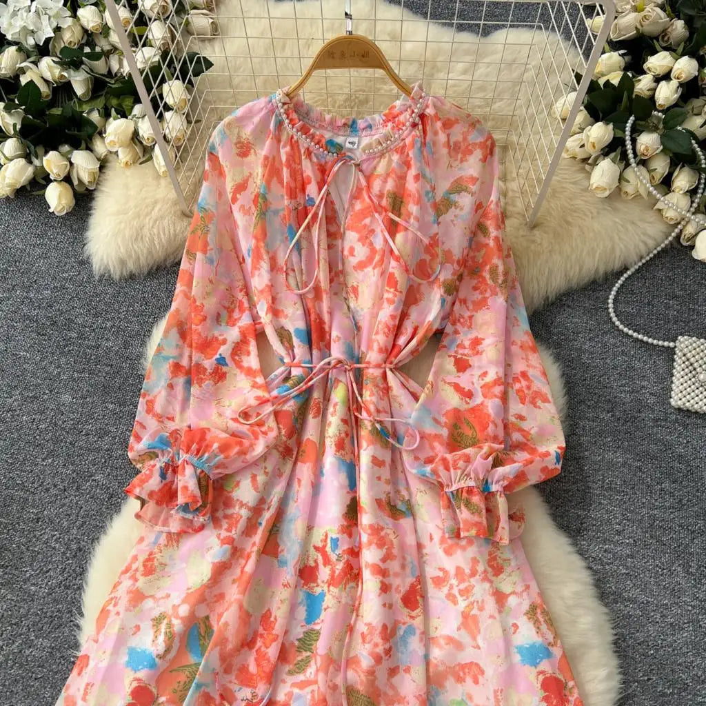 Elegant Floral Print Party Dress for Women French O-Neck Embroidered Flares Lace Up Lantern Long Sleeves Chiffon Long Dresses