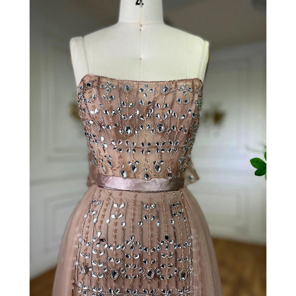 Serene Hill Arabic Caramel Mermaid Strapless With Overskirt Beaded Evening Dresses For Women Wedding Party 2024 LA71922