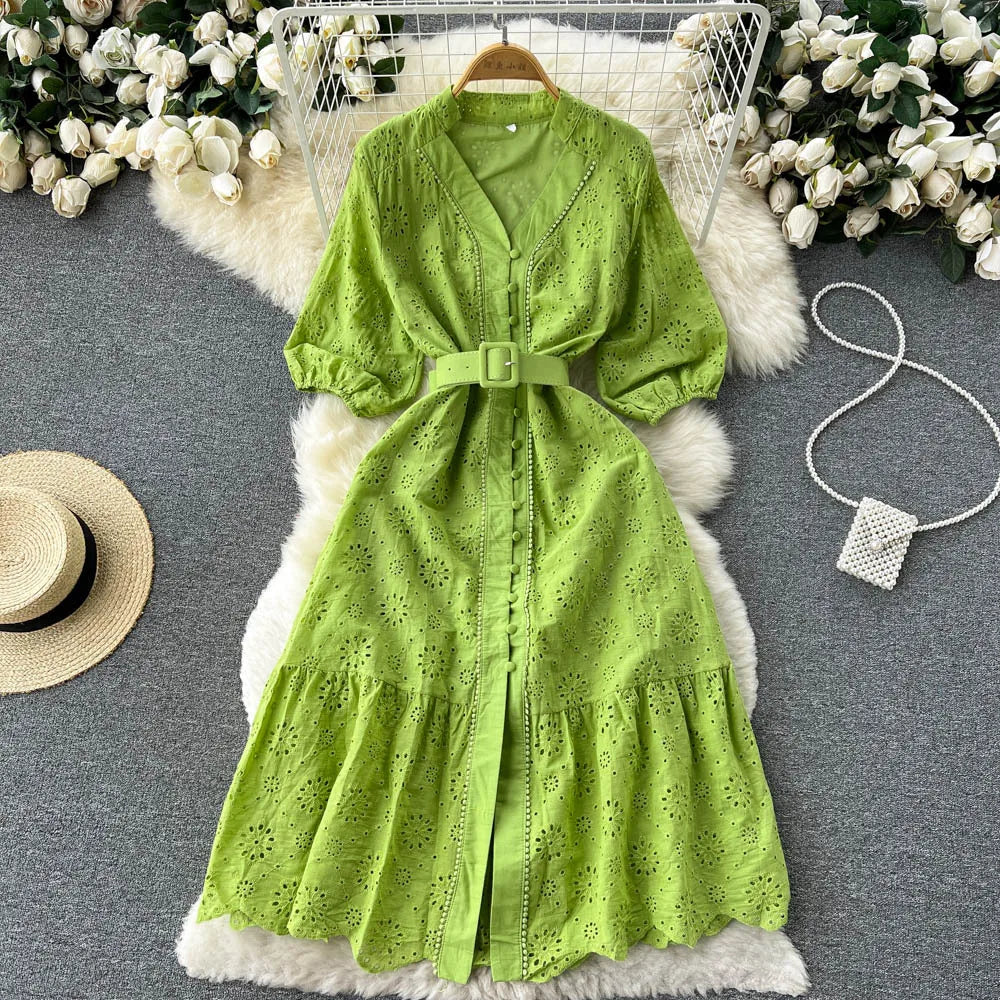 Summer V-neck Hollow Out Dress Women Bubble Sleeves Loose Embroidered Ruffle Edge Long Dresses Ladies Elegant Casual Long Robe