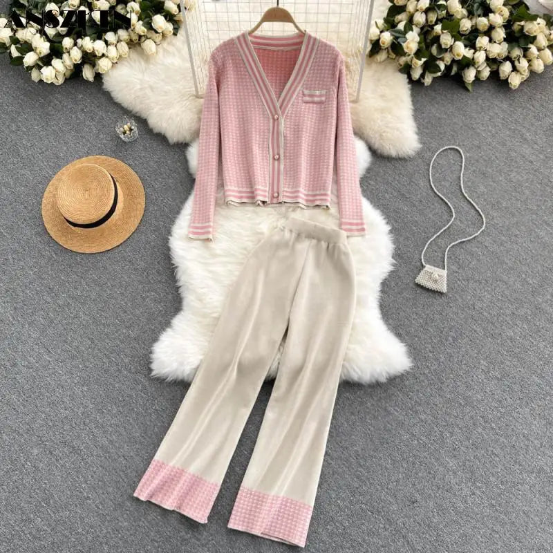 ANSZKTN Ladies Knitted Cardigan Top Wide Leg Trousers Clothing Fall Winter 2 Piece Sets For Women