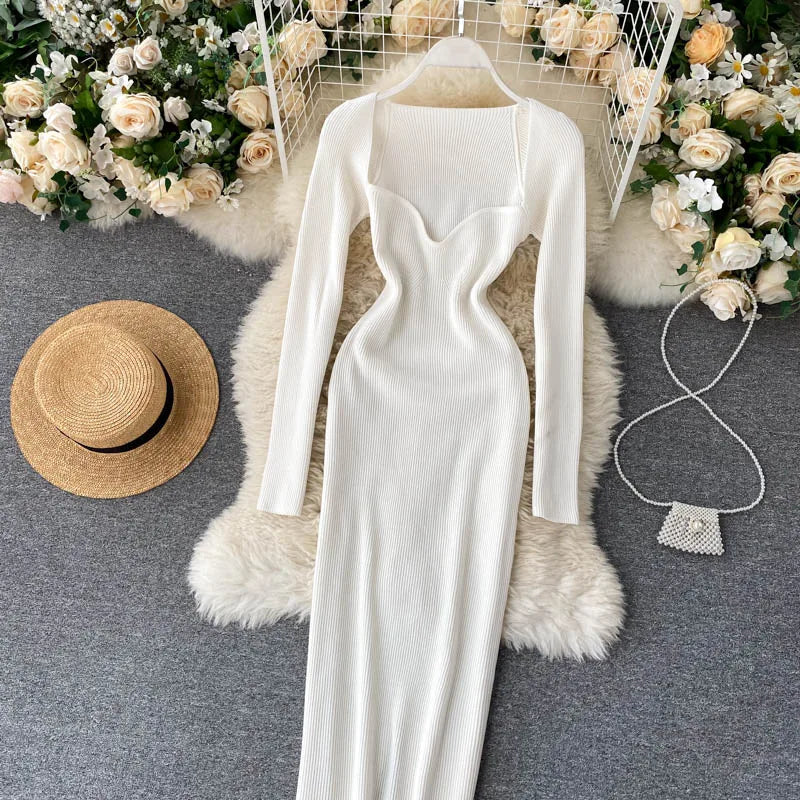 Women Long Sleeve Sexy Bodycon Dress with slit Vintage French Fashion Knit v neck Vestidos Basic Tight Elegant Slim Chic Dresses