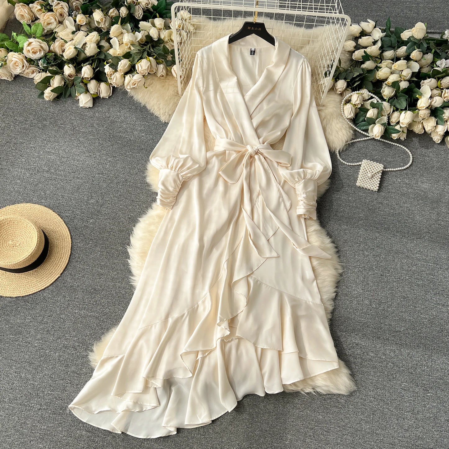 Women Elegant Satin Dress Summer Bandage High Waisted Ruffled Irregular Blazer Dresses Ladies A-line Vintage Party Long Robe