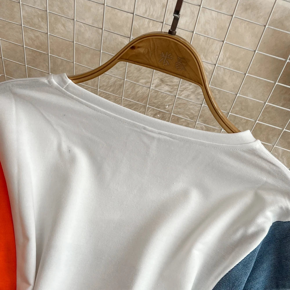 Women Summer Casual T Shirt Short Sleeve Streetwear Patchwork Denim Long Shirts Female O-neck Slim Jeans Tops