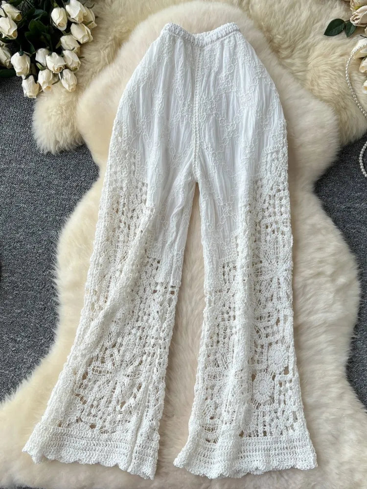 Korean Fashion Women Knitting Trousers Autumn Embroidery Splice Hollow Out High Waist Loose Casual Beach Long Wide Leg Pants New