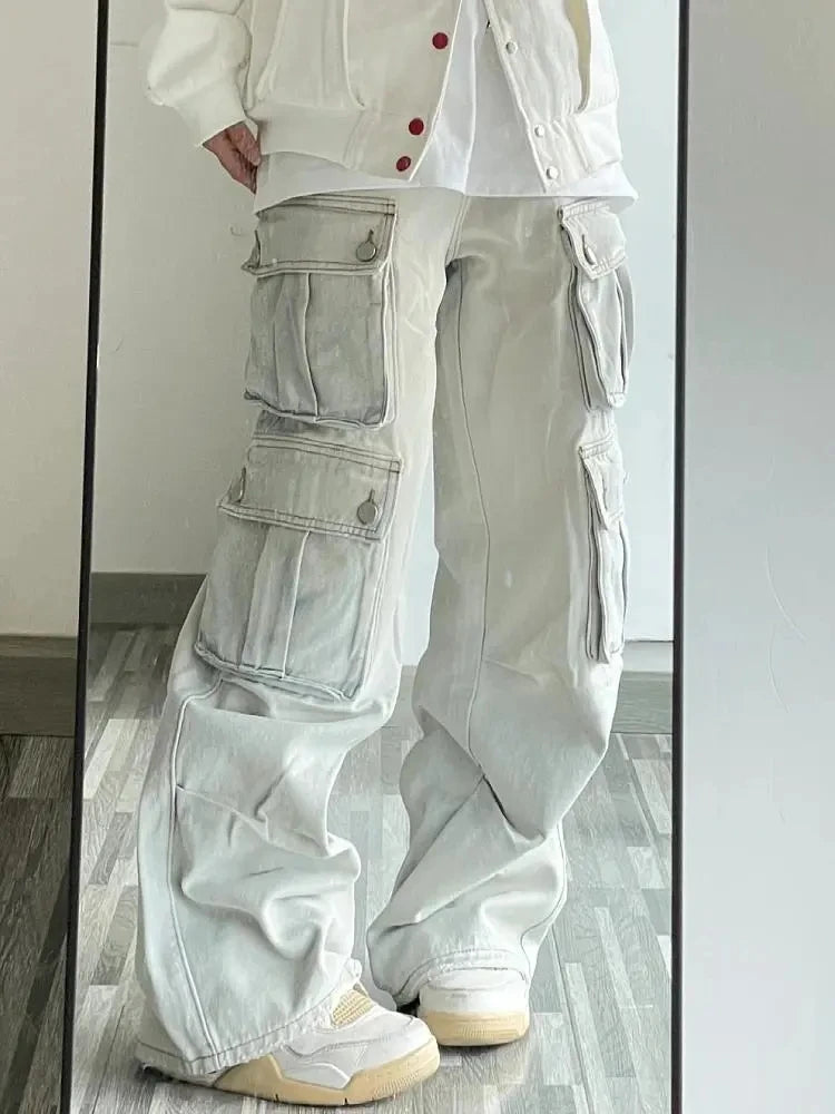 Wide Leg Cargo Pants for Women High Waist Denim Pants with Pockets Baggy Trendy Causal Hip-Hop Y2K Streetwear Spring