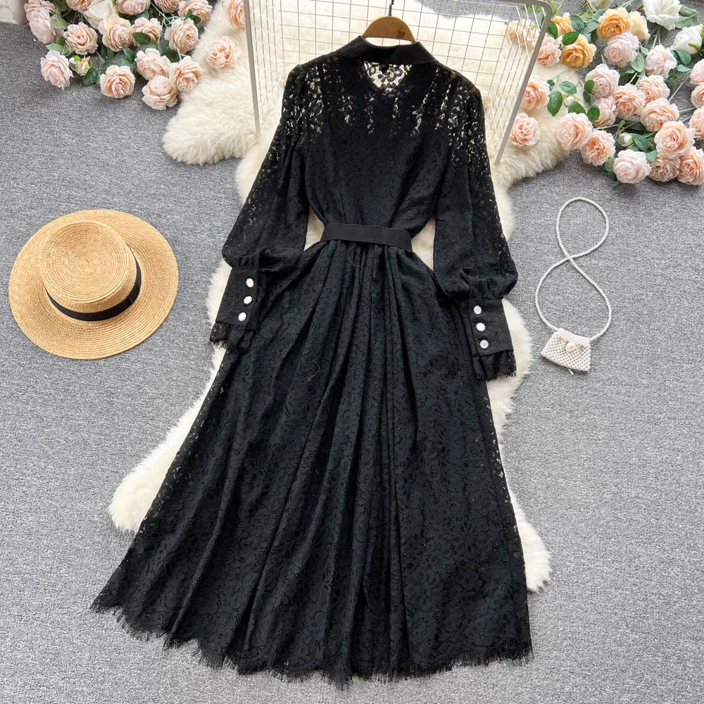 Elegant Chic Lace Hook Flower Hollow Long Sleeve Lapel Dress Party A-line Vestidos High Waist Basic Women Autumn Winter Dress
