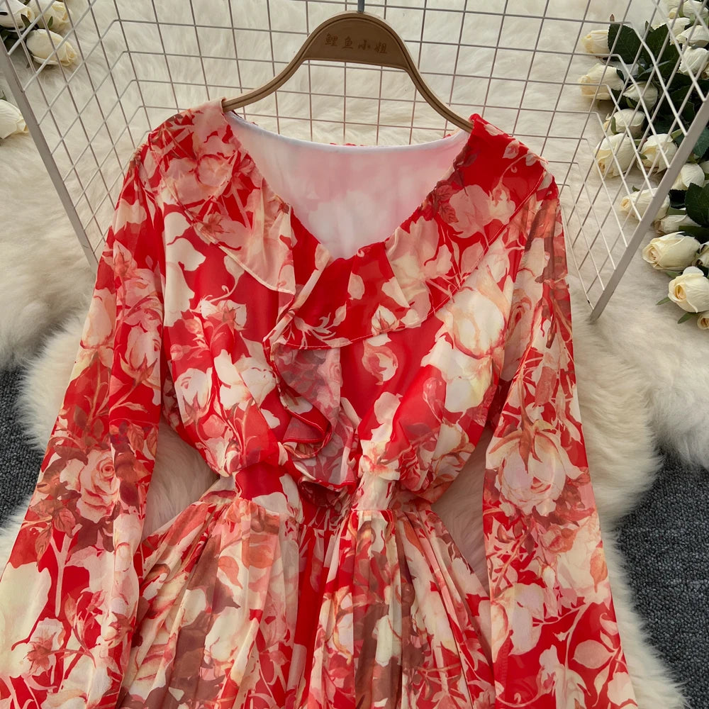 Women Elegant Floral Print Dress for Women Vintage V-Neck Long Sleeves Chiffon Slim A-Line Vestidos Mujer Autumn Female Clothes