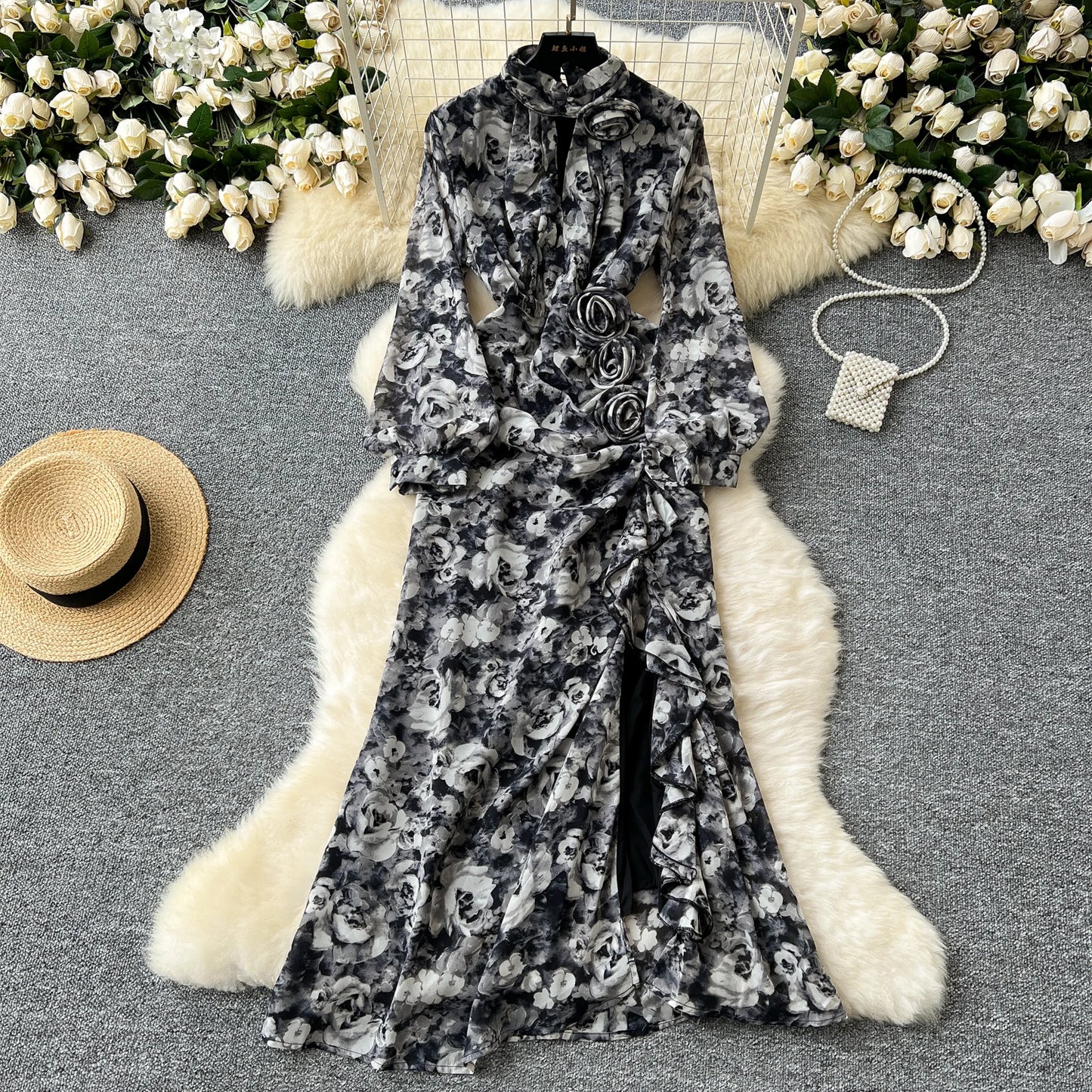 Chic French Sexy Pleated Floral Print Elegant Ruffle Dress Vintage Split Slim High Street Evening Women Autumn Winter Clothing