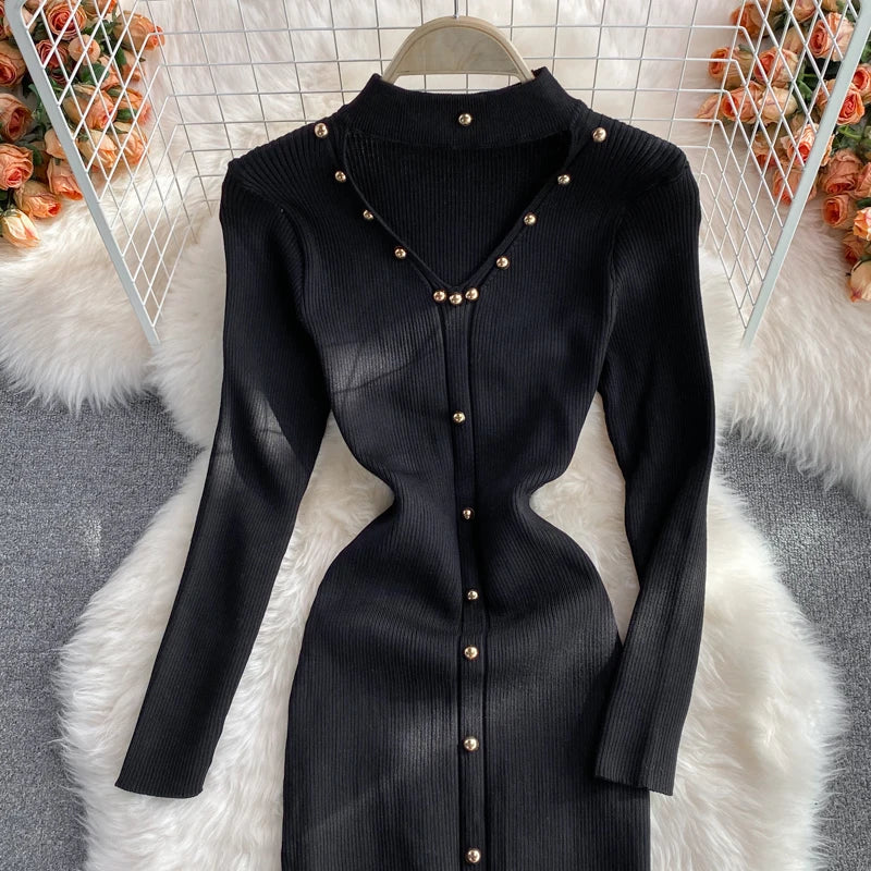 Women Chic Hollow Elegant Long Sleeve Bodycon Dress Sexy Party French Fashion Knit Wrap Vestidos Tight Slim Pencil Dress