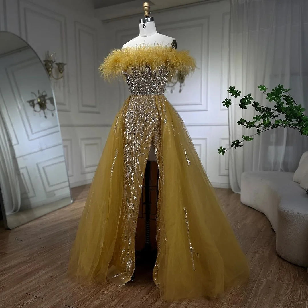 SERENE HILL 2024 Blue Feather Mermaid Luxury Beaded Evening Dresses Overskirt Formal Pink Gowns For Women Wedding Party GLA72061