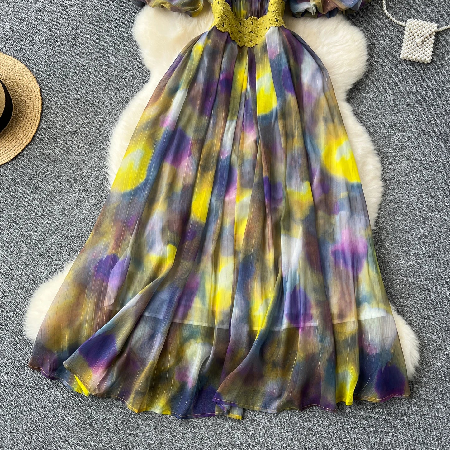 sweet tie dye Lantern Sleeve embroidery o neck chiffon Dress French Party Elegant Summer Sexy Slim Women dresses
