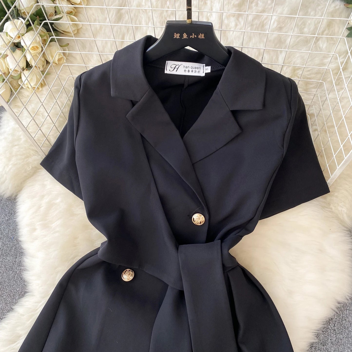 Retro Black Blazer Dress Women Lapel Short Sleeved Short Dresses Summer Casual Short Sleeve Slim Bandage Dress Vestidos