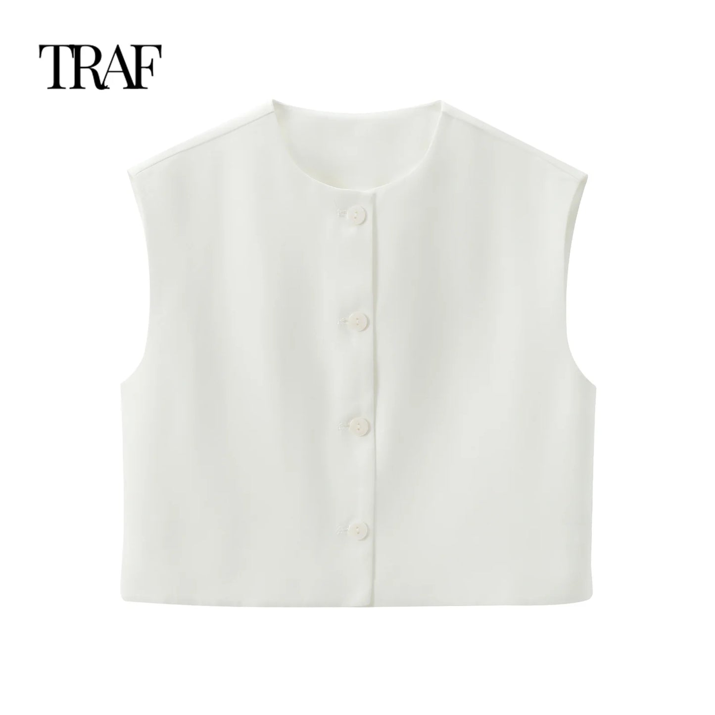 TRAF Women's Clothing Summer New Casual Sleeveless Round Neck Single-breasted Vest Style Shirt Chic Office Ladies Tops Mujer