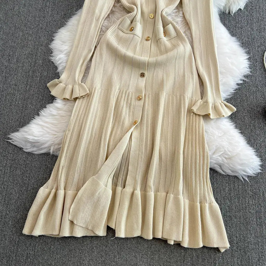 Women Vintage Mermaid Knitted Dress Elegant Casual Single Breasted Bodycon Slim Evening Dresses Female One Piece Clothes Mujers