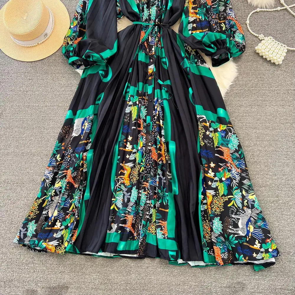 Elegant Women Casual Floral Print Party Dress Vintage Lantern Sleeve A-Line Pleated Prom Birthday Clothes Female Fashion Robe