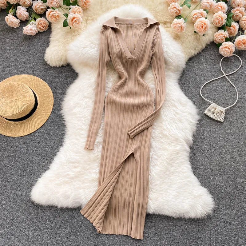 Women Chic Elegant Long Sleeve Split Bodycon Midi Dress Sexy French Fashion Knit Wrap Vestidos Elastic Slim Pencil Sweater Dress