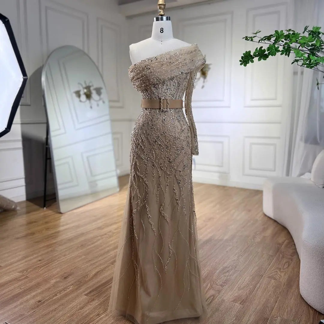 SERENE HILL 2024 Arabic Nude Mermaid One Shoulder Luxury Beaded Evening Party Dresses Formal Gowns For Women Wedding GLA72161