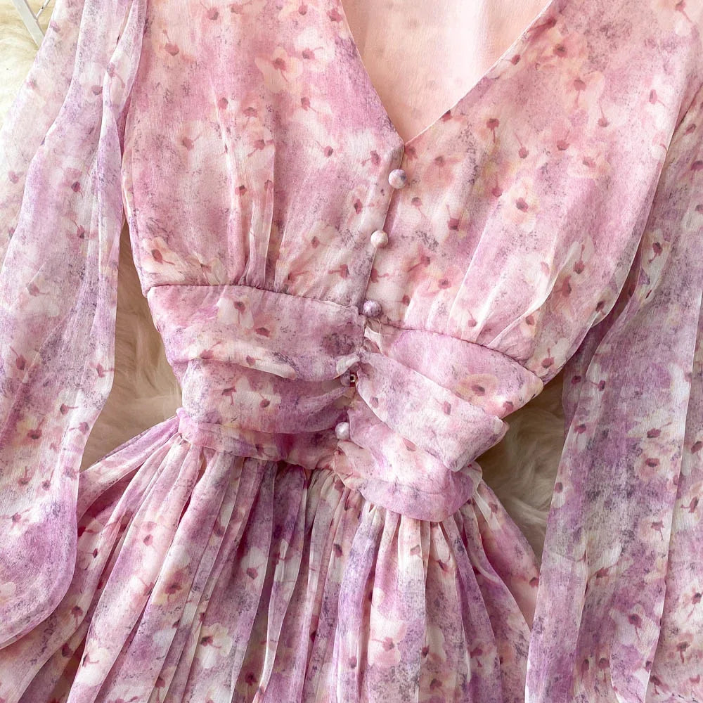 Vintage Floral Print Pleated Elegant Puff Sleeve Dress A-line Chiffon Beach Vacation casual Dress Women Summer Spring Vestidos