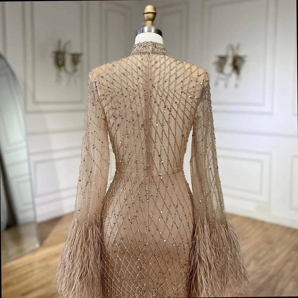 Serene Hill 2024 Women Wedding Party Dubai Gowns Nude Illusion Cut Out Lace Beaded Feathers Mermaid Long Evening Dresses LA72394