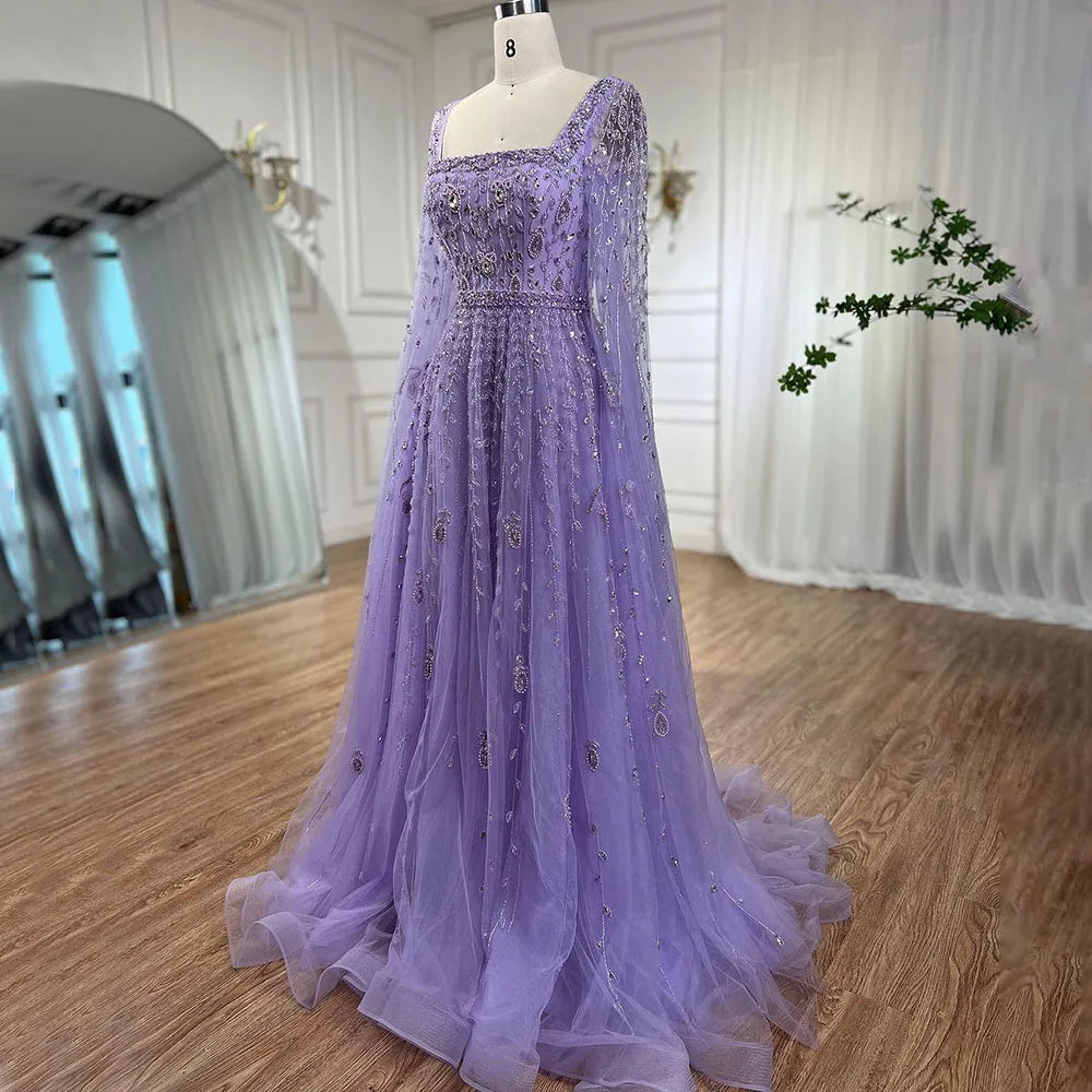 Serene Hill 2024 Muslim Pink A Line Beaded Elegant Cape Sleeve Luxury Evening Dresses Gowns For Women Wedding Party LA71803A