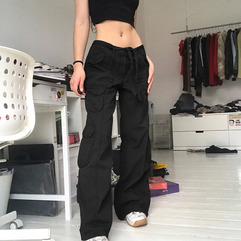 Women's High Waist Cargo Pants with Lace Belt Street Multi Pocket Straight Leg Casual Trousers Spring Autumn New Y2K Vintage