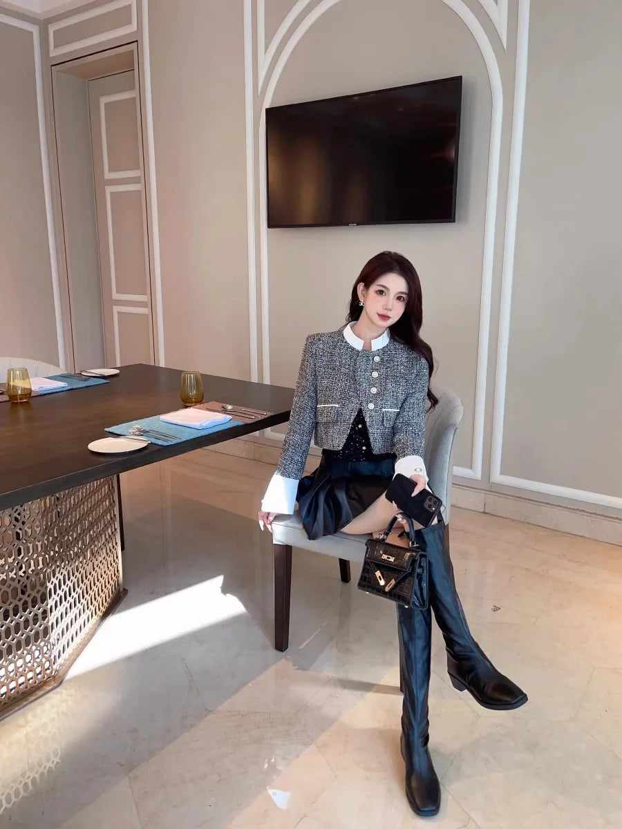 High-end Color Contrast Small Fragrance Equestrian clothing for Women Autumn New Loose and Fashionable Coarse Tweed Short Coat