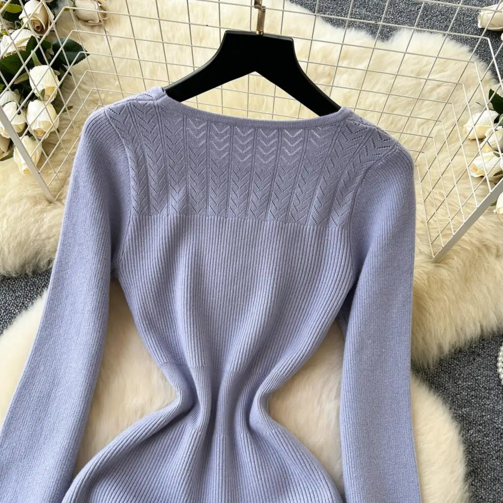Elegant Solid Knitted Dress for Women Autumn French Vintage O-Neck Long Sleeve Fashion Evening Party Sweater Slim Midi Dresses