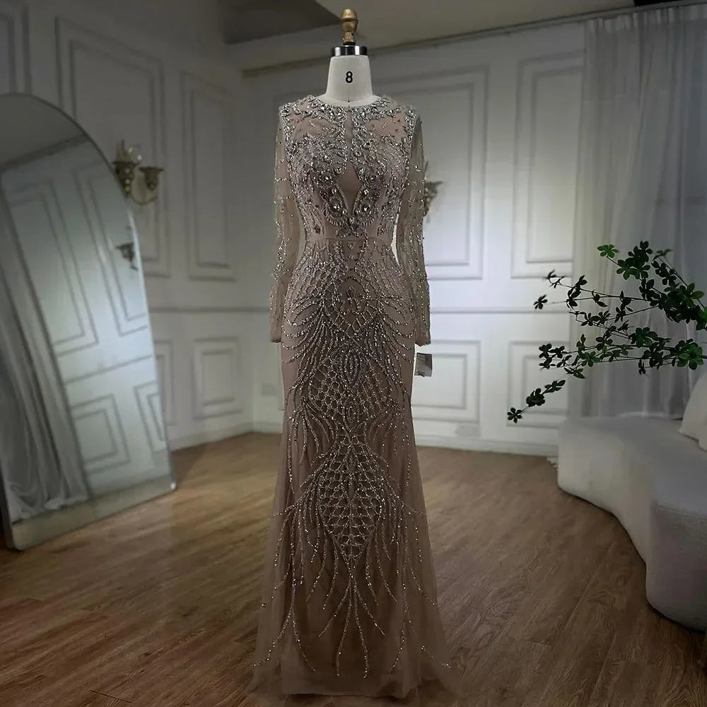 Serene Hill Muslim Silver Nude Mermaid Gown with Detachable Overskirt Beaded Evening Dress for Women Wedding Party 2024 LA71919