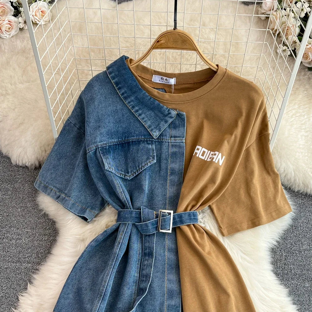 Women Summer Casual T Shirt Short Sleeve Streetwear Patchwork Denim Long Shirts Female O-neck Slim Jeans Tops