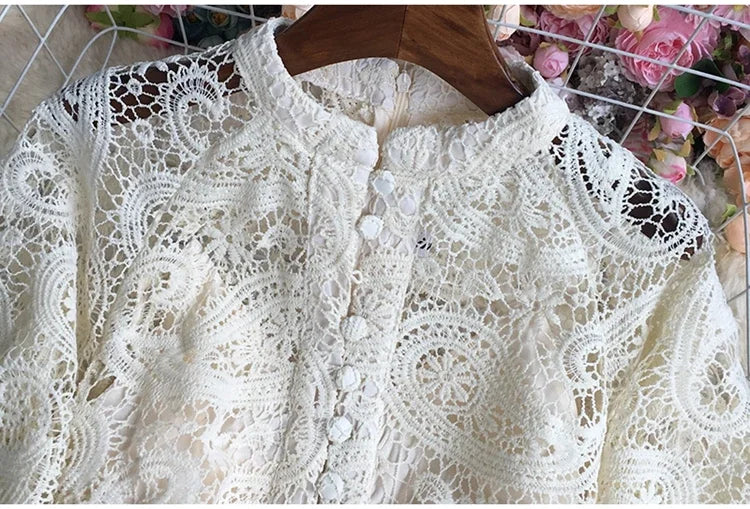 French Vintage Lace Dress Women Elegant Lantern Sleeve Party Long Dress with Belt ladies Slim A-line Spring Autumn Long Robe