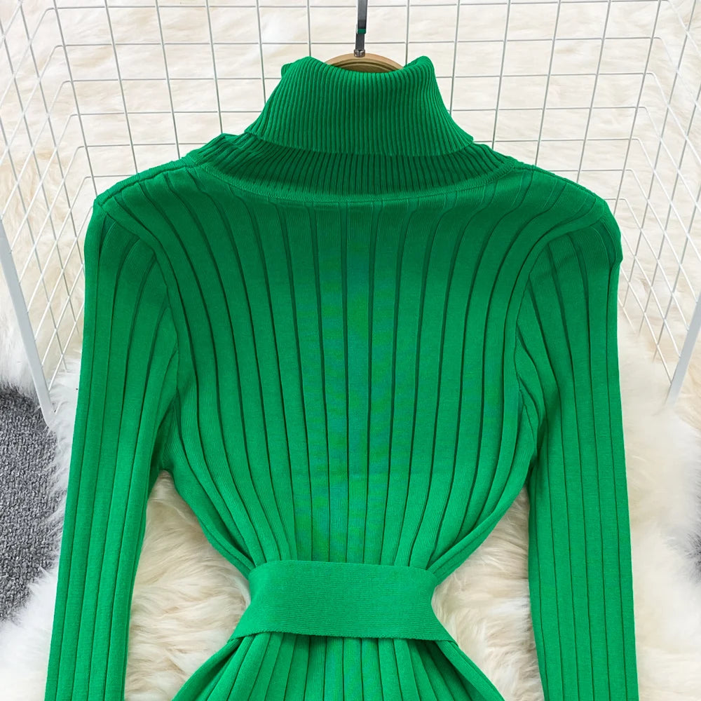 Chic Elegant Turtleneck Long Sleeve Bodycon Dress with Belt Sexy Fashion Knit Vestido Slim Autumn Winter Pencil Sweater Robe