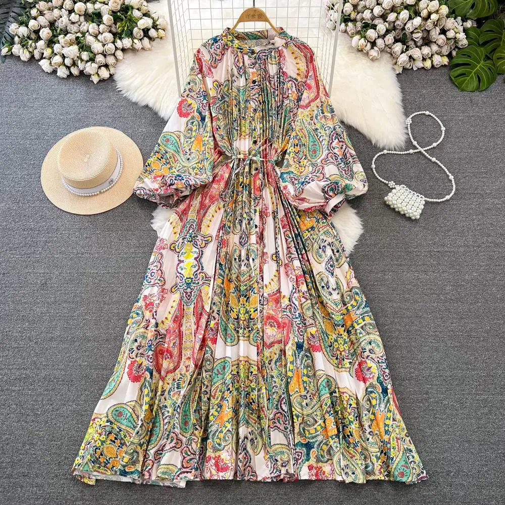 Elegant Women Casual Floral Print Party Dress Vintage Lantern Sleeve A-Line Pleated Prom Birthday Clothes Female Fashion Robe
