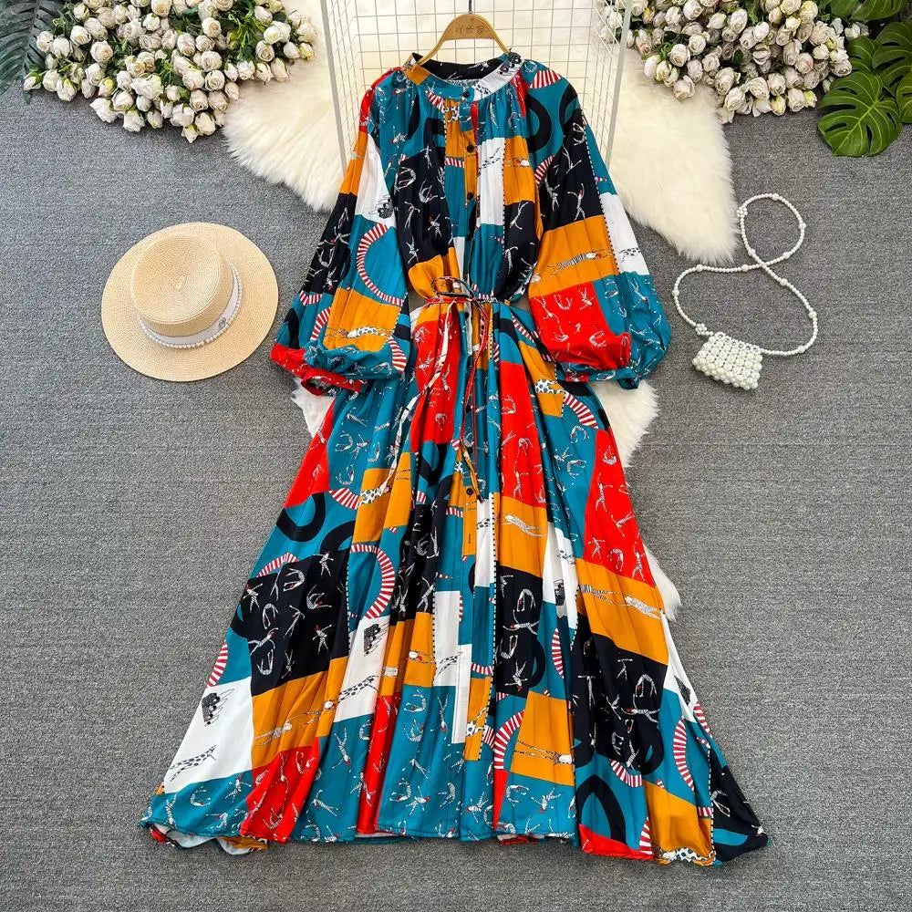 Elegant Women Casual Floral Print Party Dress Vintage Lantern Sleeve A-Line Pleated Prom Birthday Clothes Female Fashion Robe