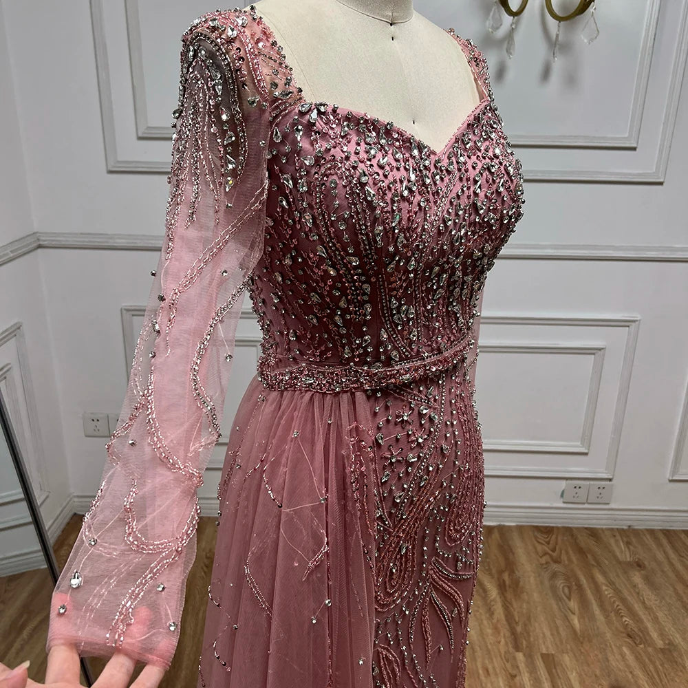 Serene Hill Arabic Pink Elegant Mermaid Overskirt Luxury Beaded Long Evening Dresses Gowns For Formal Occasion 2024 LA72441