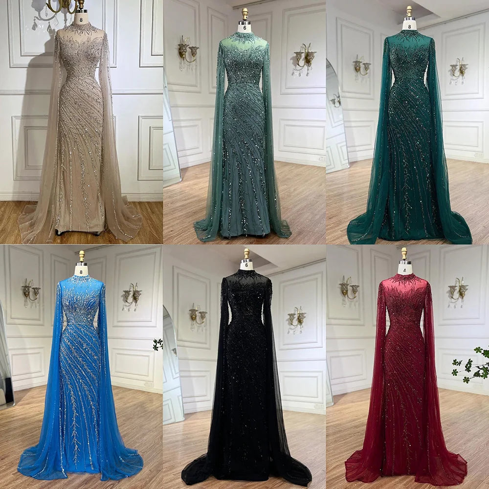 Serene Hill 2024 Nude Cape Sleeves Mermaid Lace Beaded Luxury Dubai Long Evening Dresses Gowns For Formal Occasion LA71885A