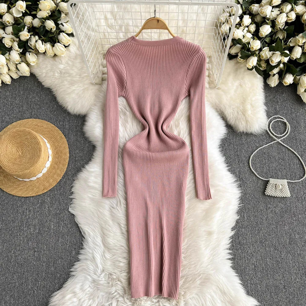 Women Elegant Chic Long Sleeve Sexy Slim Bodycon Dress Vintage Korean Fashion Knit Tight Vestido Autumn Winter Sweater Robe