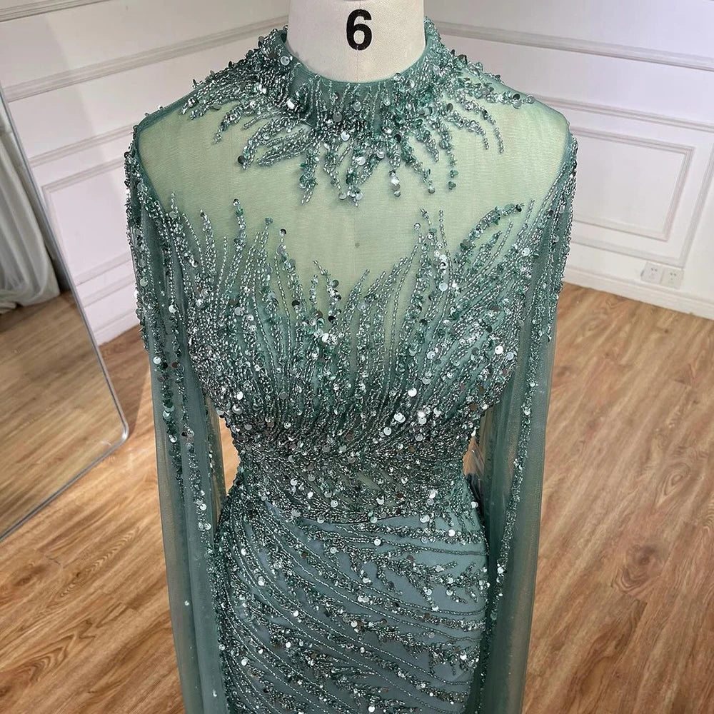 Serene Hill 2024 Nude Cape Sleeves Mermaid Lace Beaded Luxury Dubai Long Evening Dresses Gowns for Women Wedding Party BLA71885A