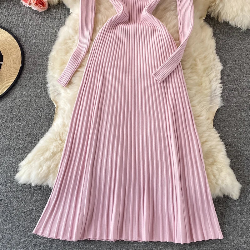 Women Chic Turtleneck Long Sleeve Sexy A-line Sweater Dress Vintage Korean Fashion Knit Vestido Elegant Autumn Winter Knitwear