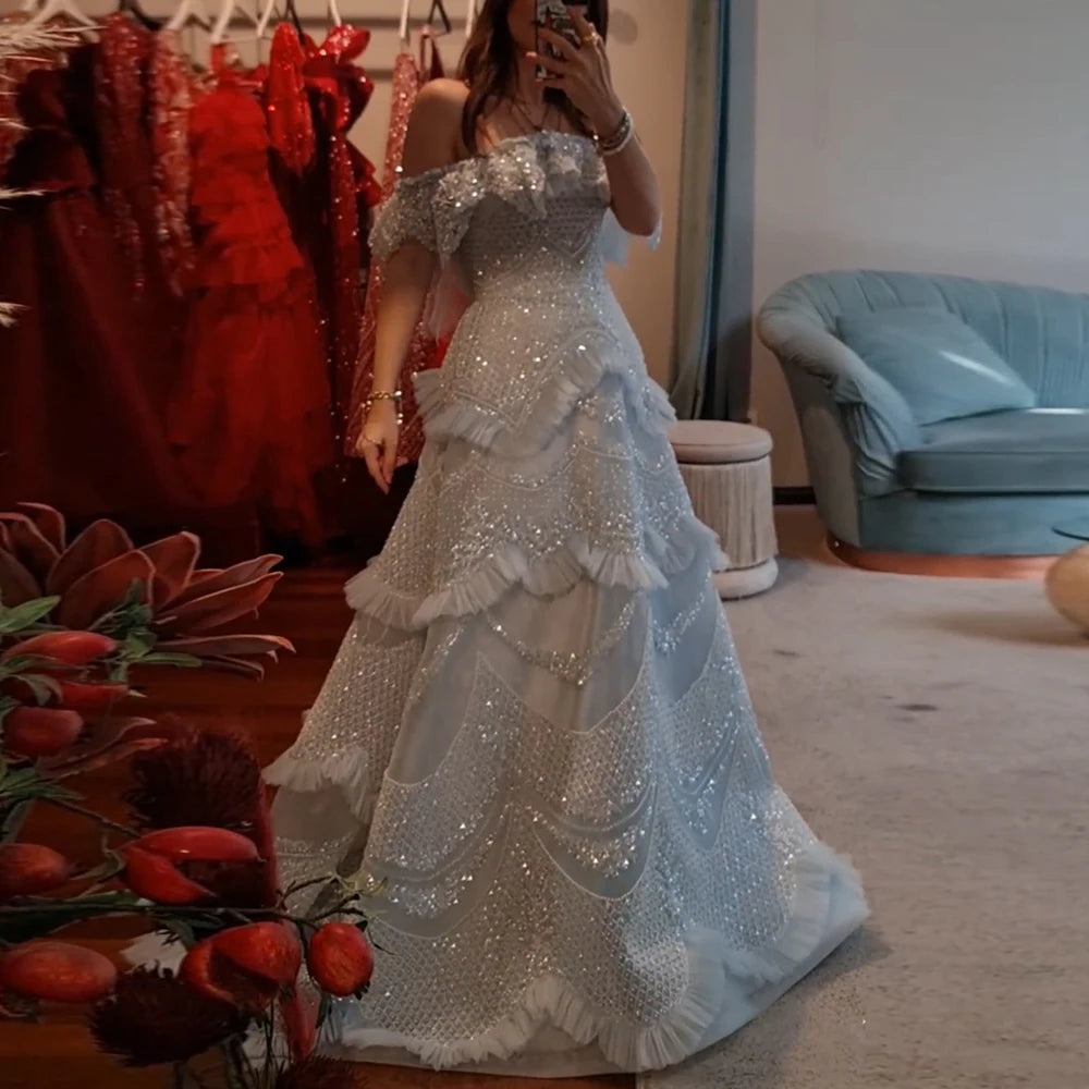 Serene Hill 2024 Arabic Gray A-Line Off-The-Shoulder Beaded Luxury Saudi Evening Gown for Formal Occasion LA72762